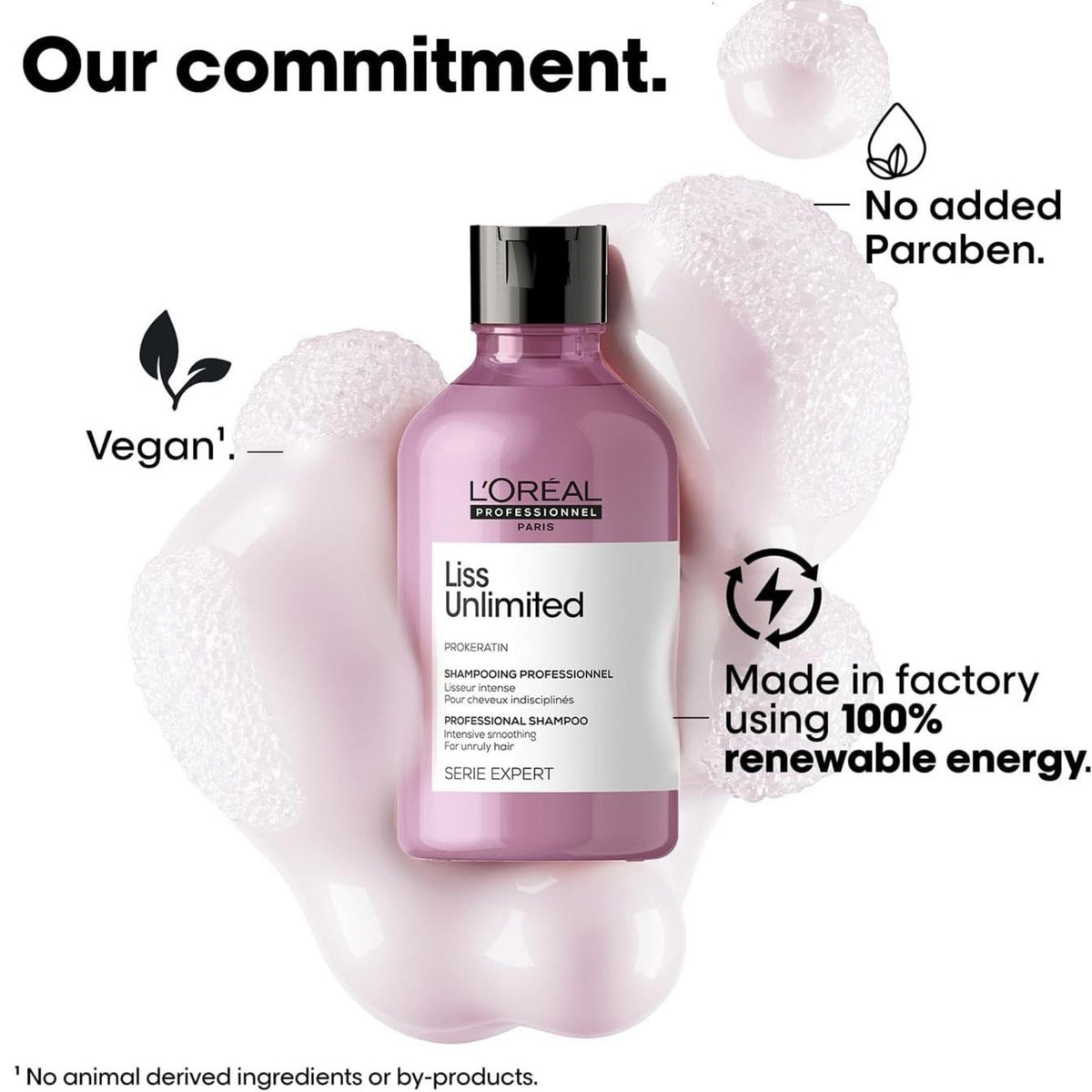 Refect Beauty L'Oréal Professionnel Liss Unlimited smoothing shampoo bottle surrounded by soft pink foam