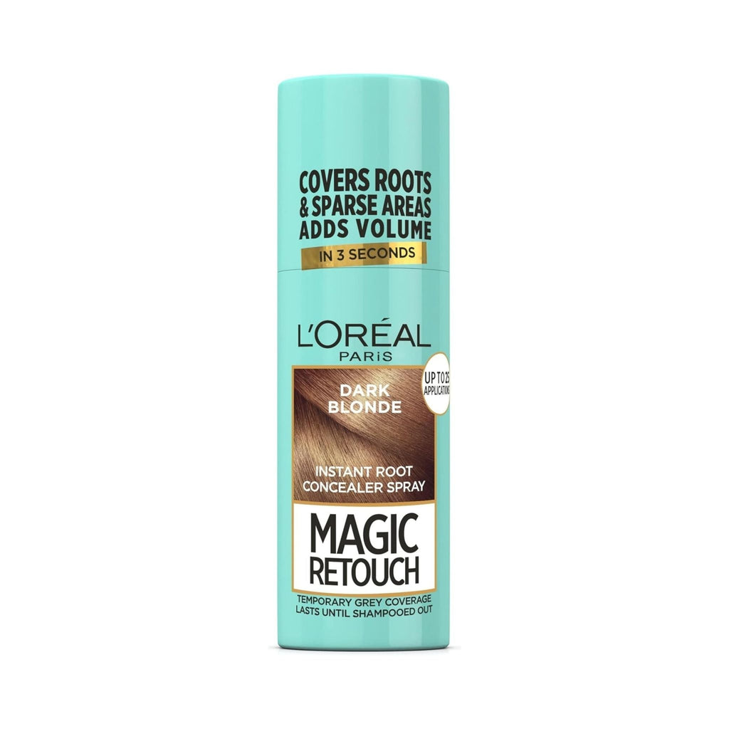 Refect Beauty L’Oréal Paris Magic Retouch dark blonde root concealer spray can for instant grey hair coverage.