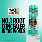 Refect Beauty L'Oréal Paris Magic Retouch dark brown root concealer spray can on a white pedestal against blue background