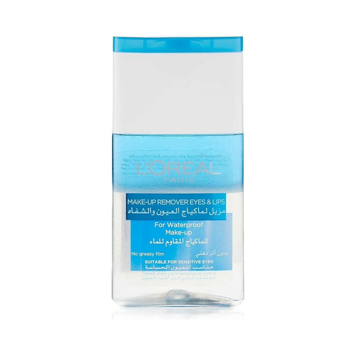 Refect Beauty L'oreal Paris dual-phase waterproof eye and lip makeup remover in a 125ml clear bottle with blue cap.
