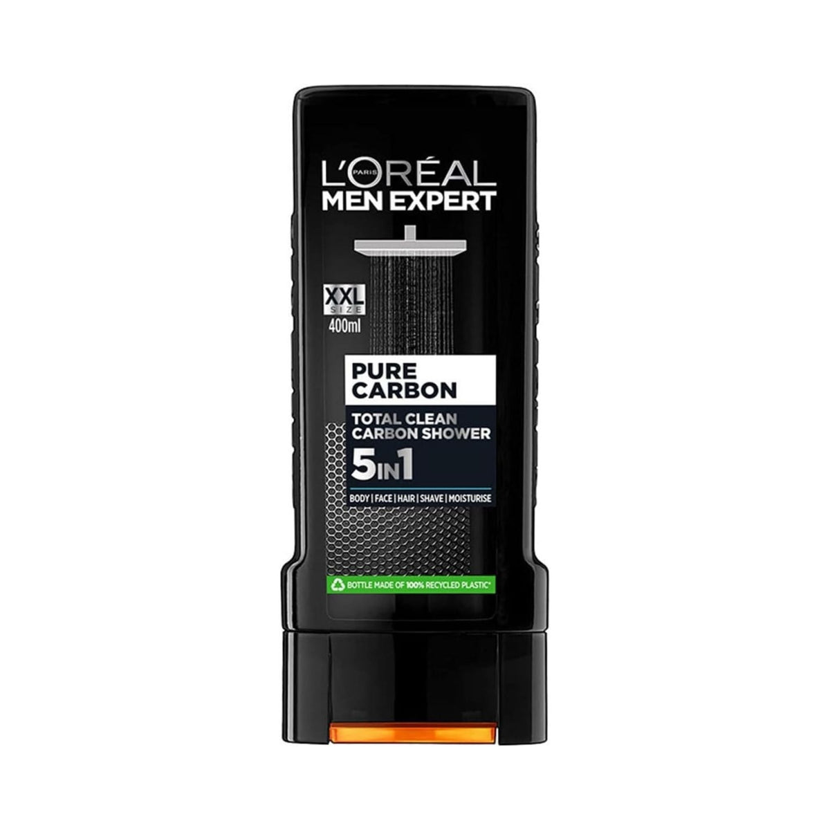 Refect Beauty L'Oréal Men Expert Pure Carbon 5-in-1 shower gel bottle for body, hair, face, shave, and moisturise.