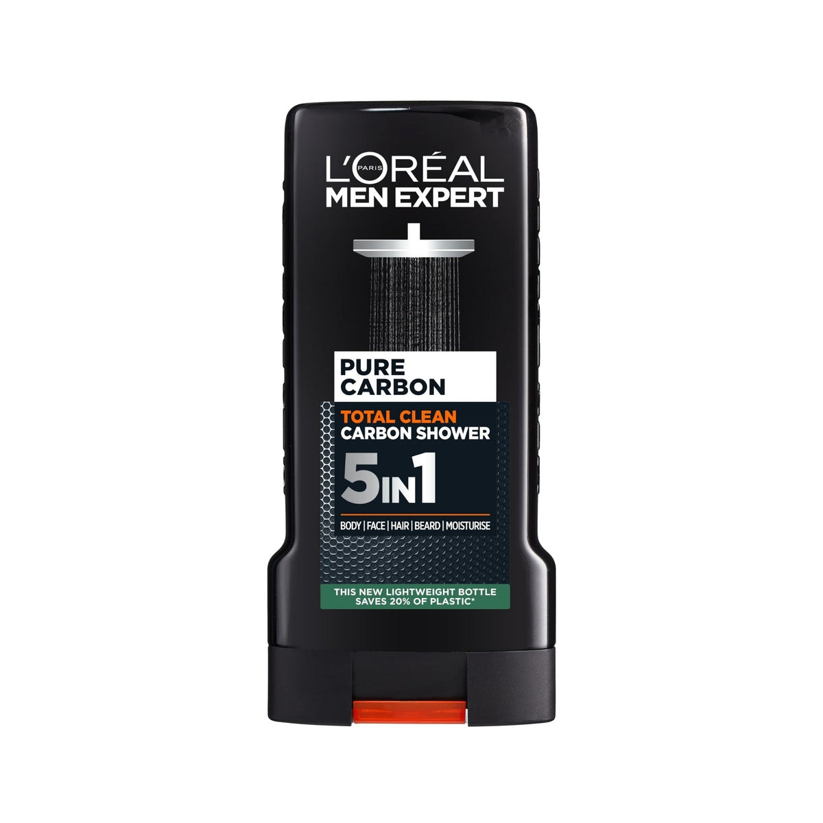 Refect Beauty L'Oréal Men Expert Pure Carbon 5-in-1 shower gel bottle for body, hair, and face cleansing.