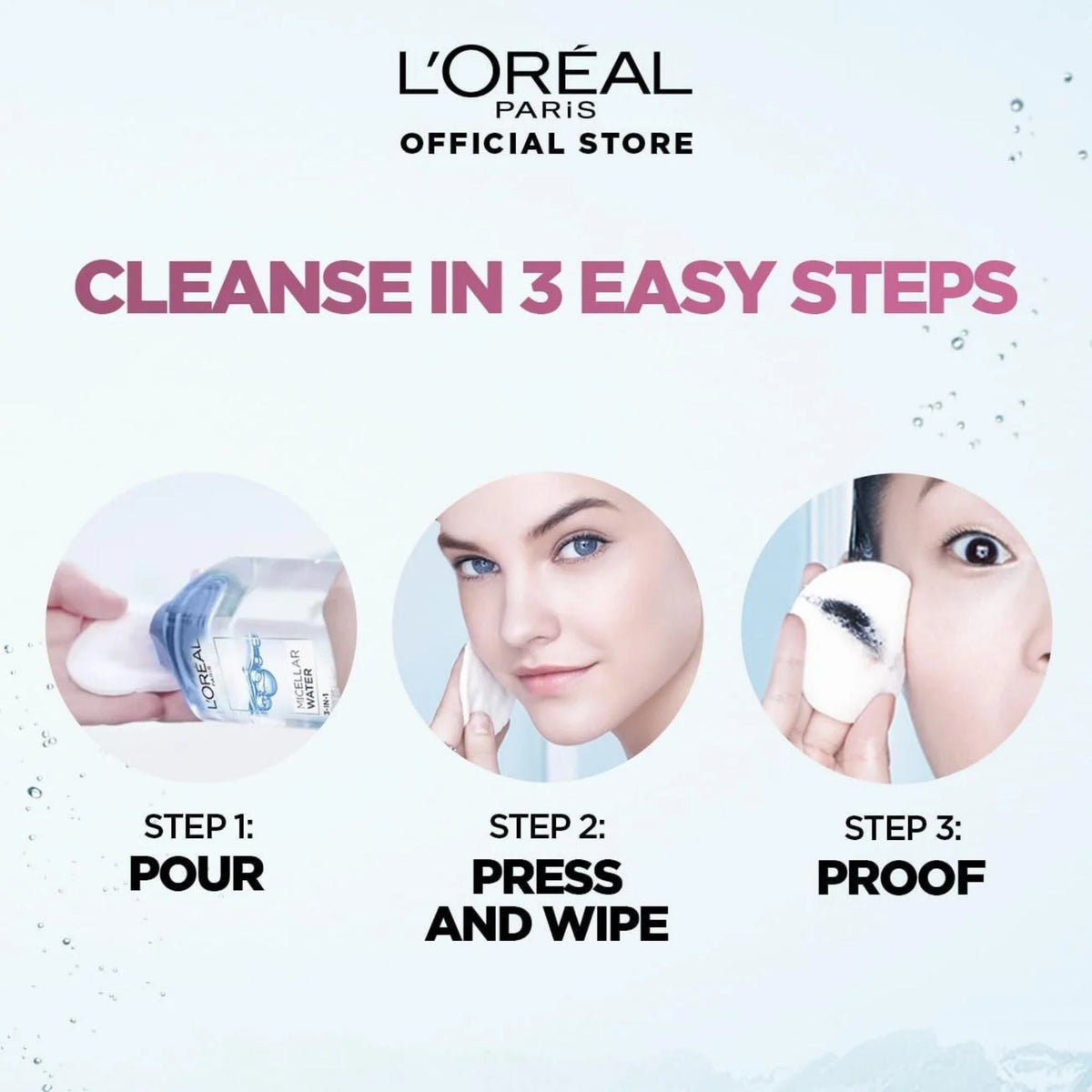 Refect Beauty L'oreal Paris 3-in-1 micellar water shown in a three-step application guide on a model's face.