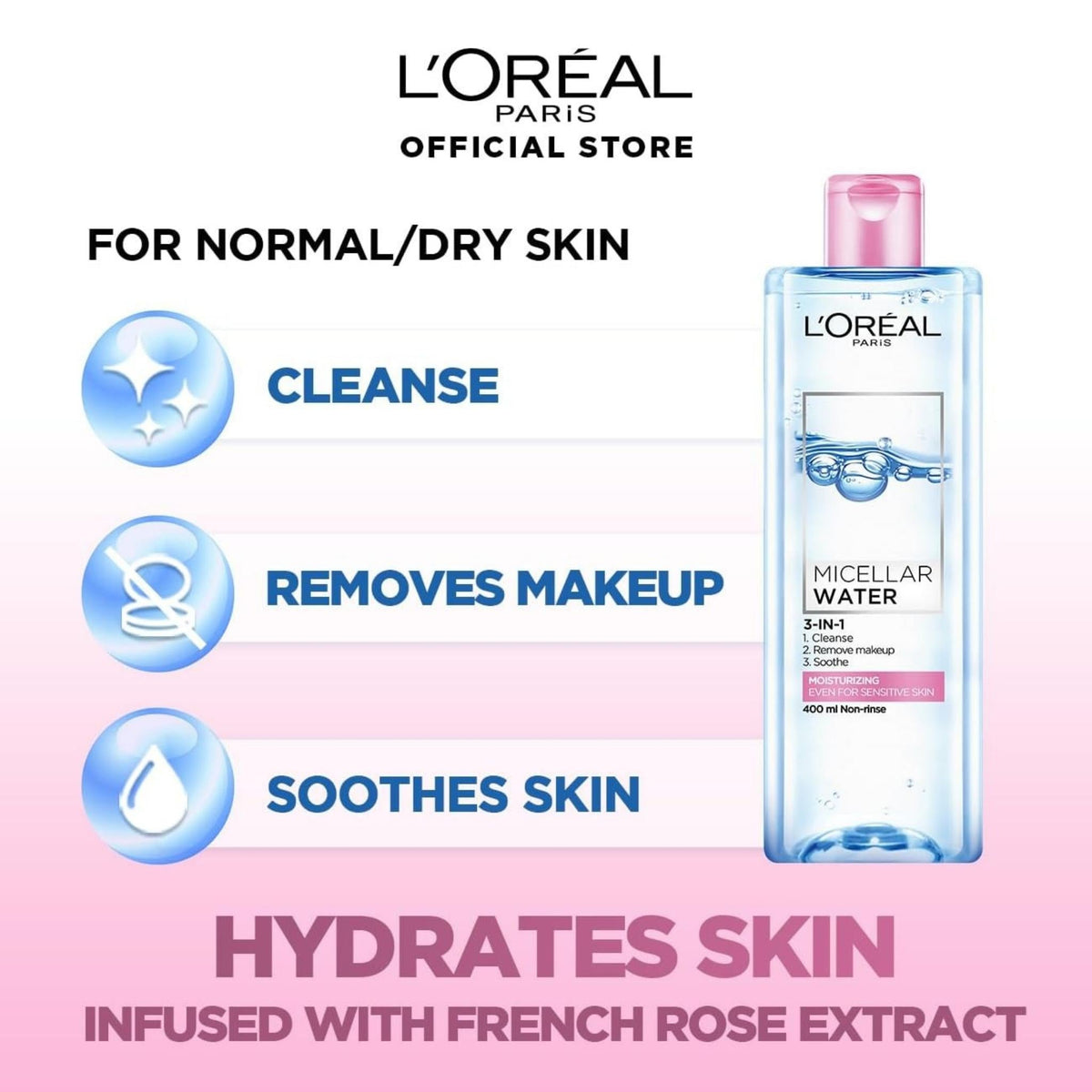 Refect Beauty L'oreal Paris 3-in-1 micellar water bottle for normal to dry skin with soothing rose extract