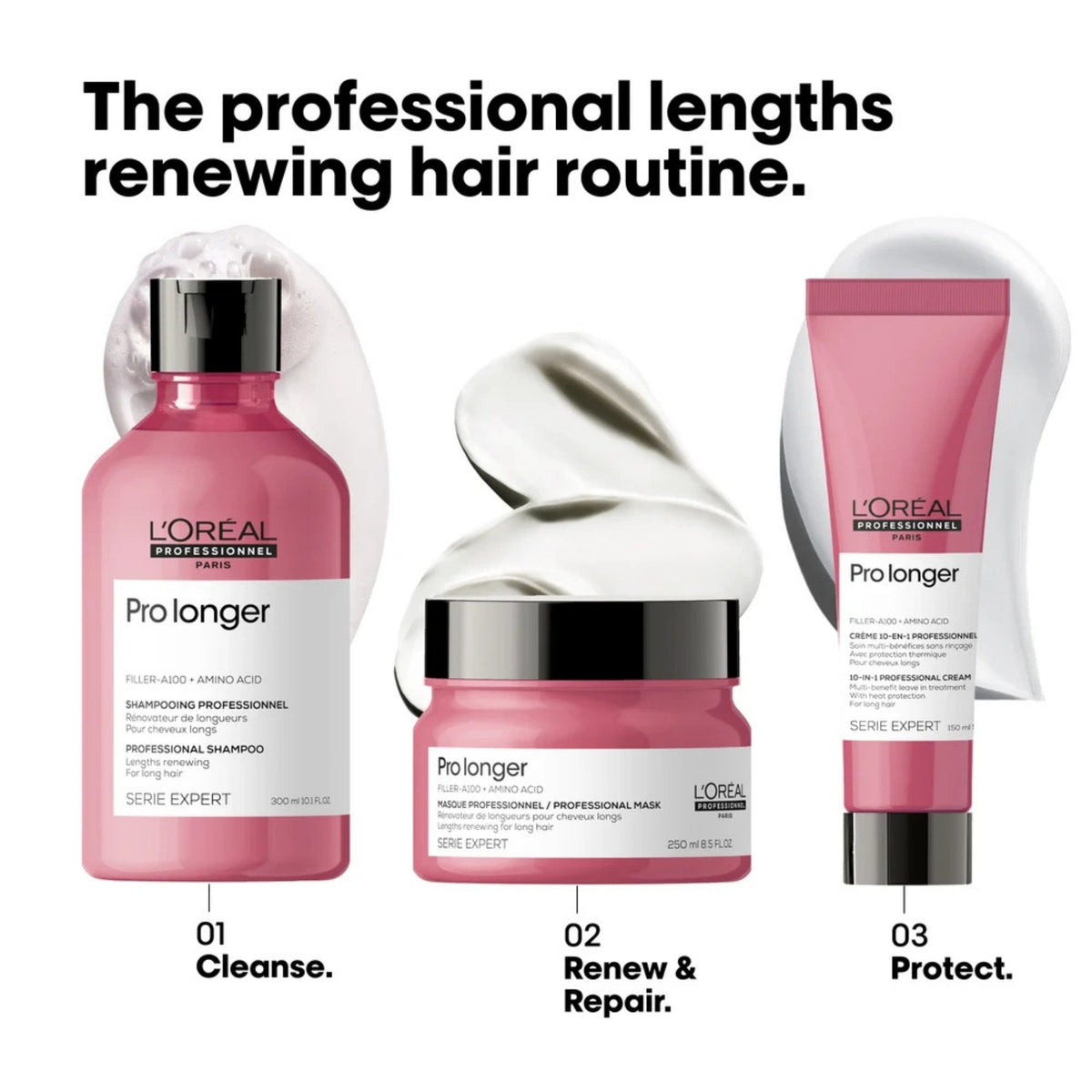 Refect Beauty L'Oréal Professionnel Pro Longer hair care routine set featuring shampoo, hair mask, and leave-in cream.