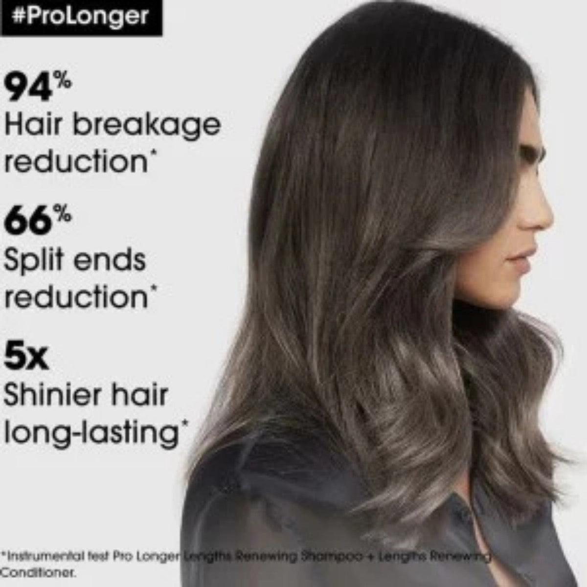Refect Beauty L'Oreal Pro Longer shampoo results showing a woman with long, shiny, healthy hair and breakage statistics.