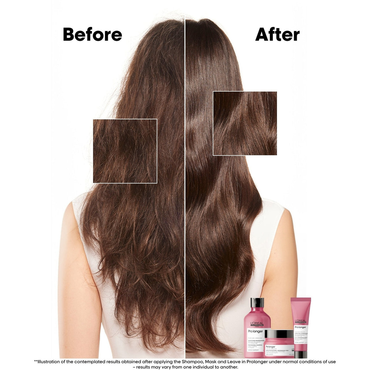 Refect Beauty L'Oreal Professionnel Pro Longer shampoo before and after results showing smoother, thicker hair