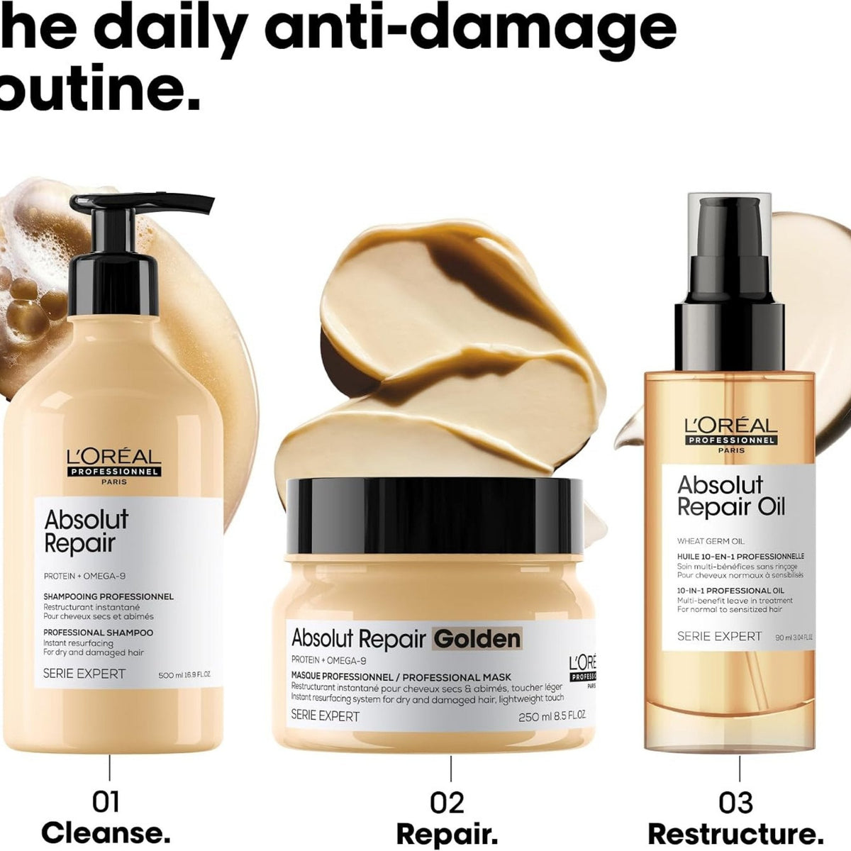 Refect Beauty L'Oréal Professionnel Absolut Repair hair care set featuring shampoo, golden mask, and repair oil.