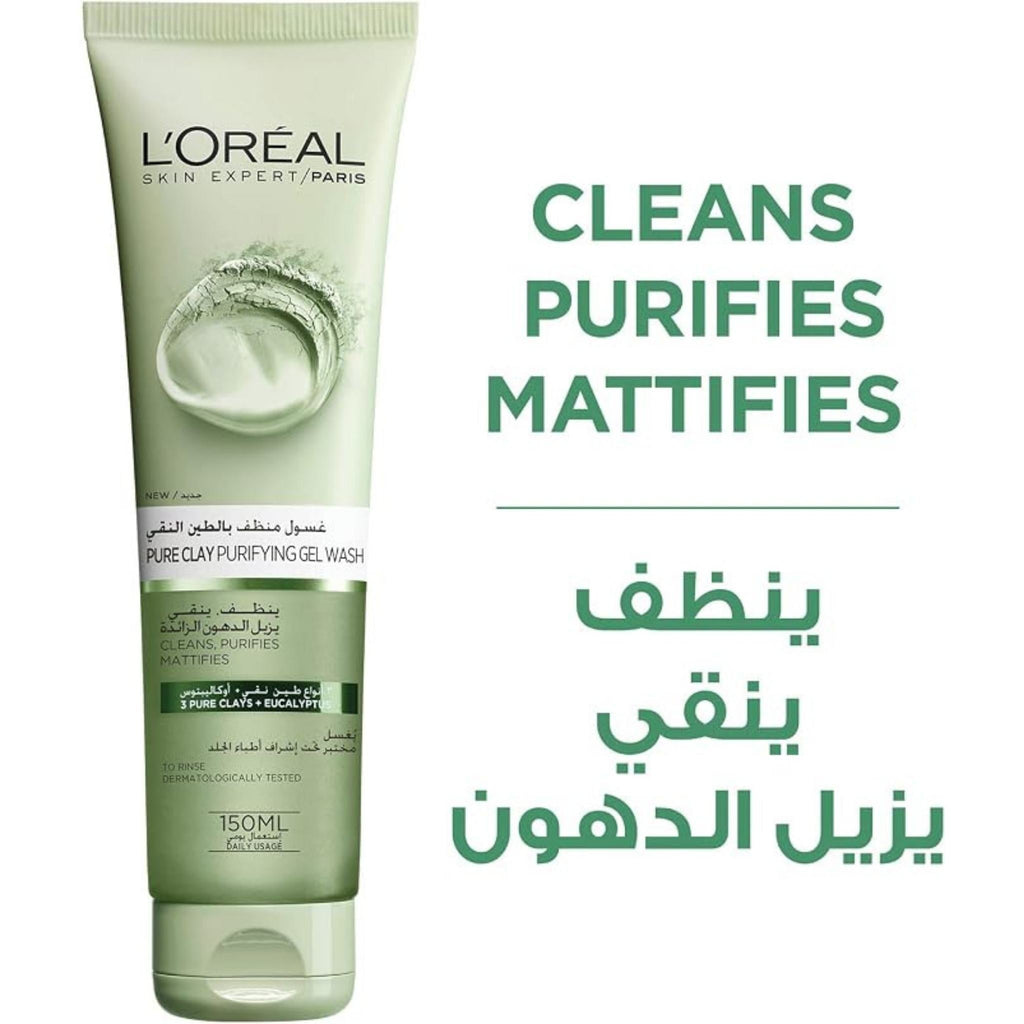 Refect Beauty L'oreal Paris Pure Clay Purifying Gel Wash with eucalyptus extract in a green 150ml squeeze tube.