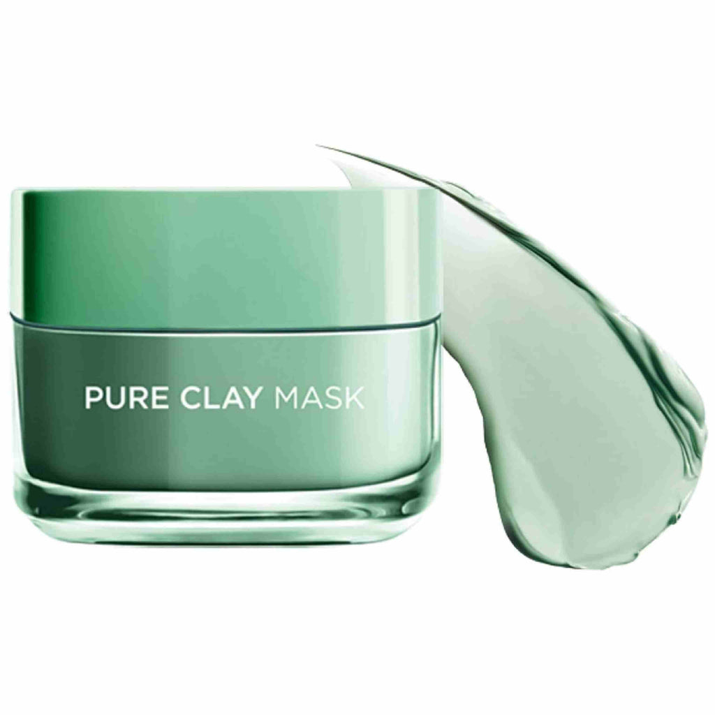 Refect Beauty L'oreal Paris Pure Clay green face mask jar with a creamy eucalyptus clay texture swatch