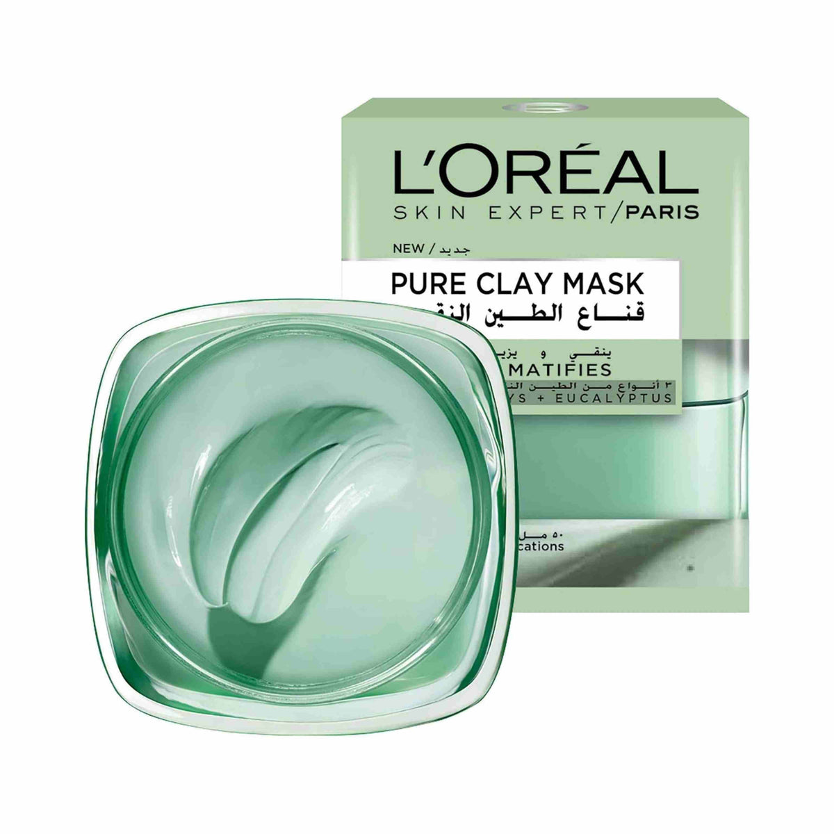 Refect Beauty L'oreal Paris Pure Clay Green Face Mask with eucalyptus in a glass jar with its product packaging box.
