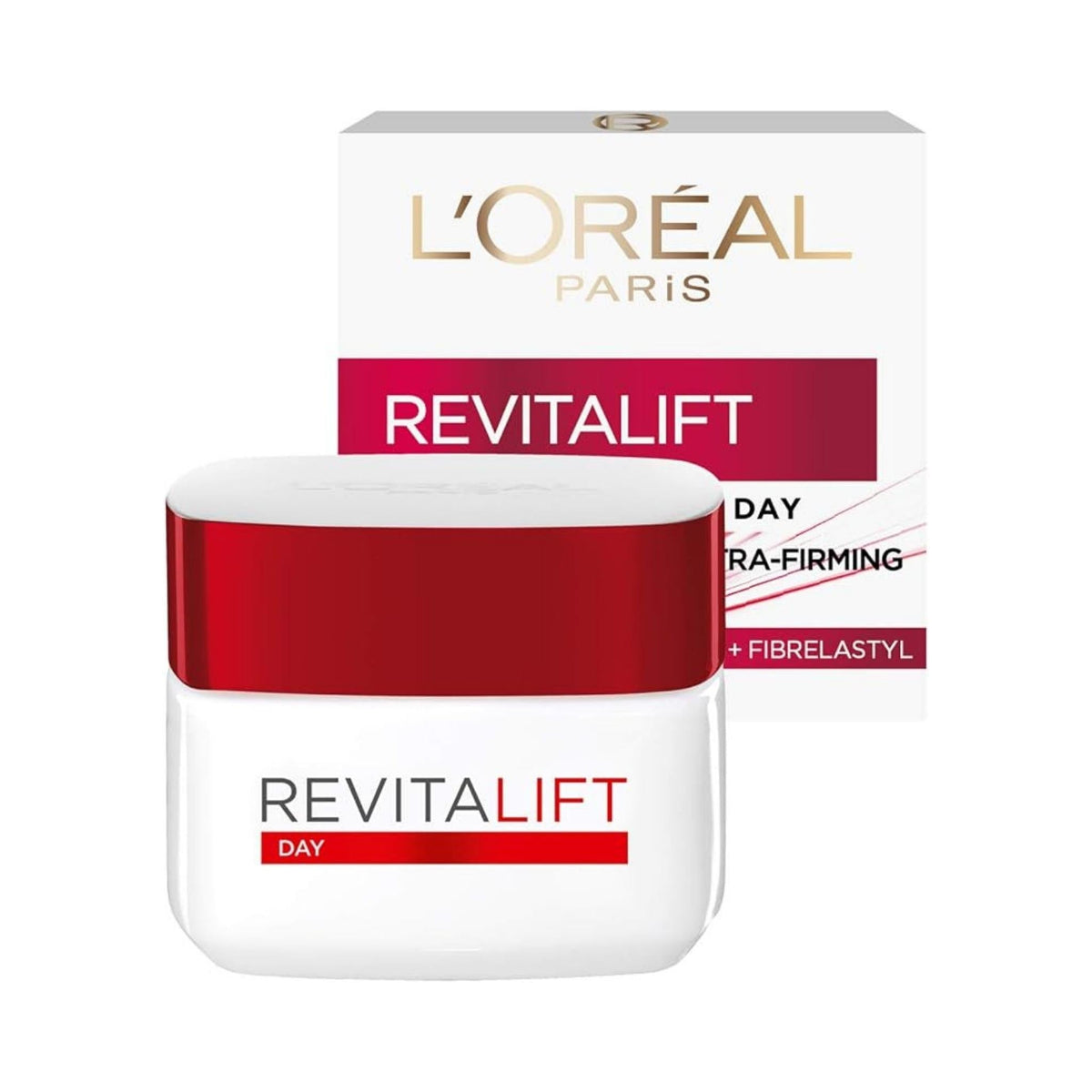 Refect Beauty L'oreal Paris Revitalift anti-wrinkle and firming day cream in a white jar with a red lid and box.
