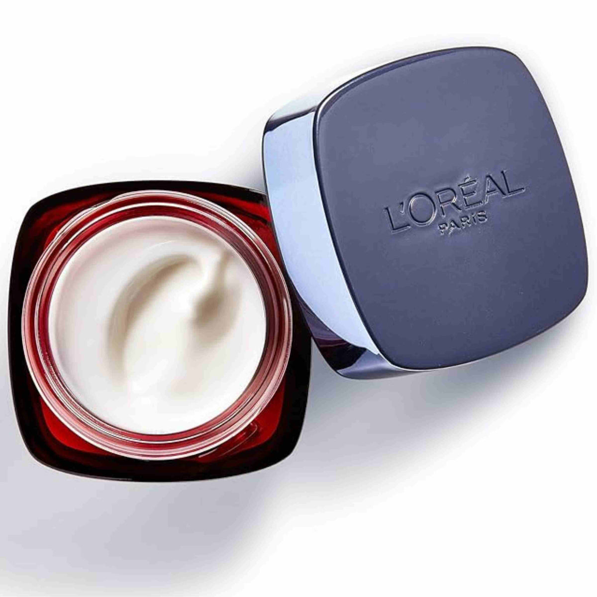 Refect Beauty L'oreal Paris Revitalift Laser X3 Day Cream in a red jar with a dark lid, showing rich white cream.