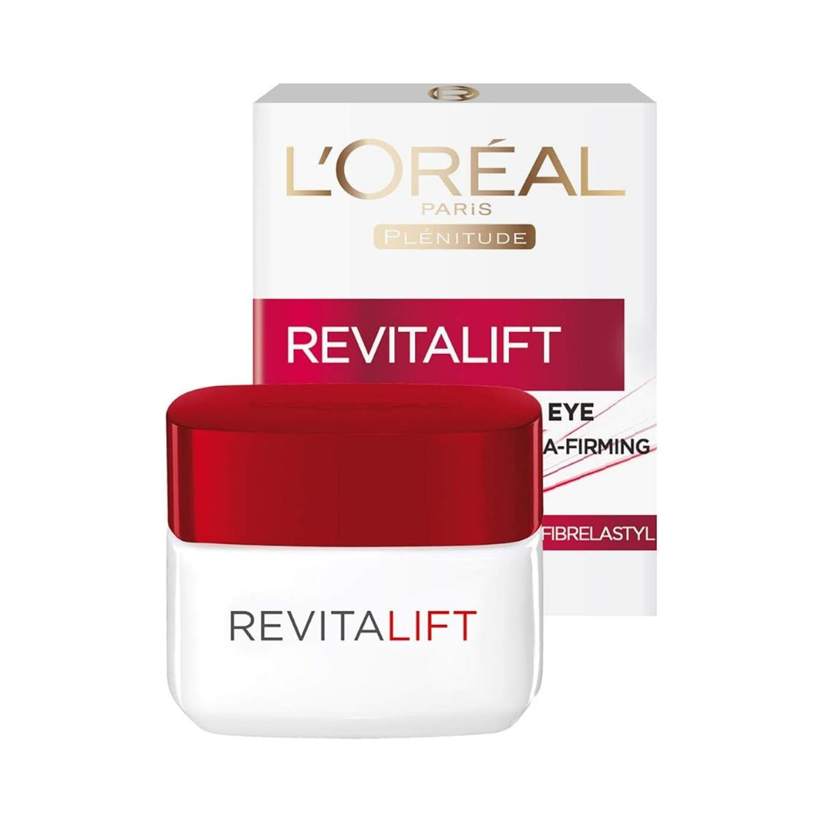 Refect Beauty L'Oreal Paris Revitalift anti-wrinkle and firming eye cream in a white jar with a red lid and box