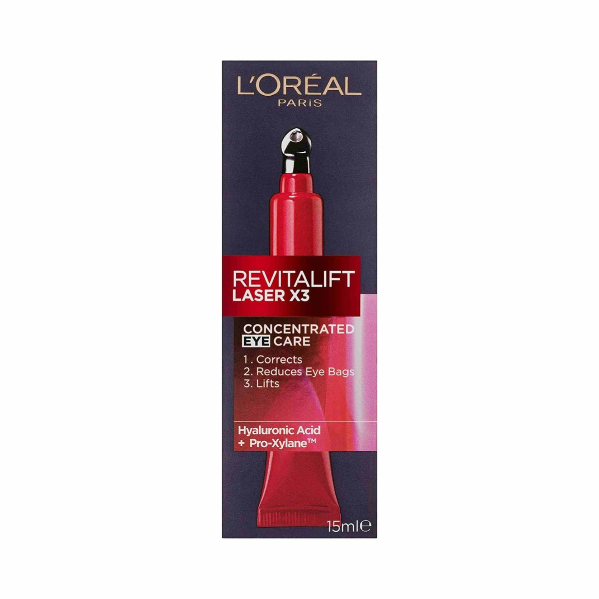 Refect Beauty L'oreal Paris Revitalift Laser X3 anti-ageing eye cream in a red tube with a metal applicator tip.