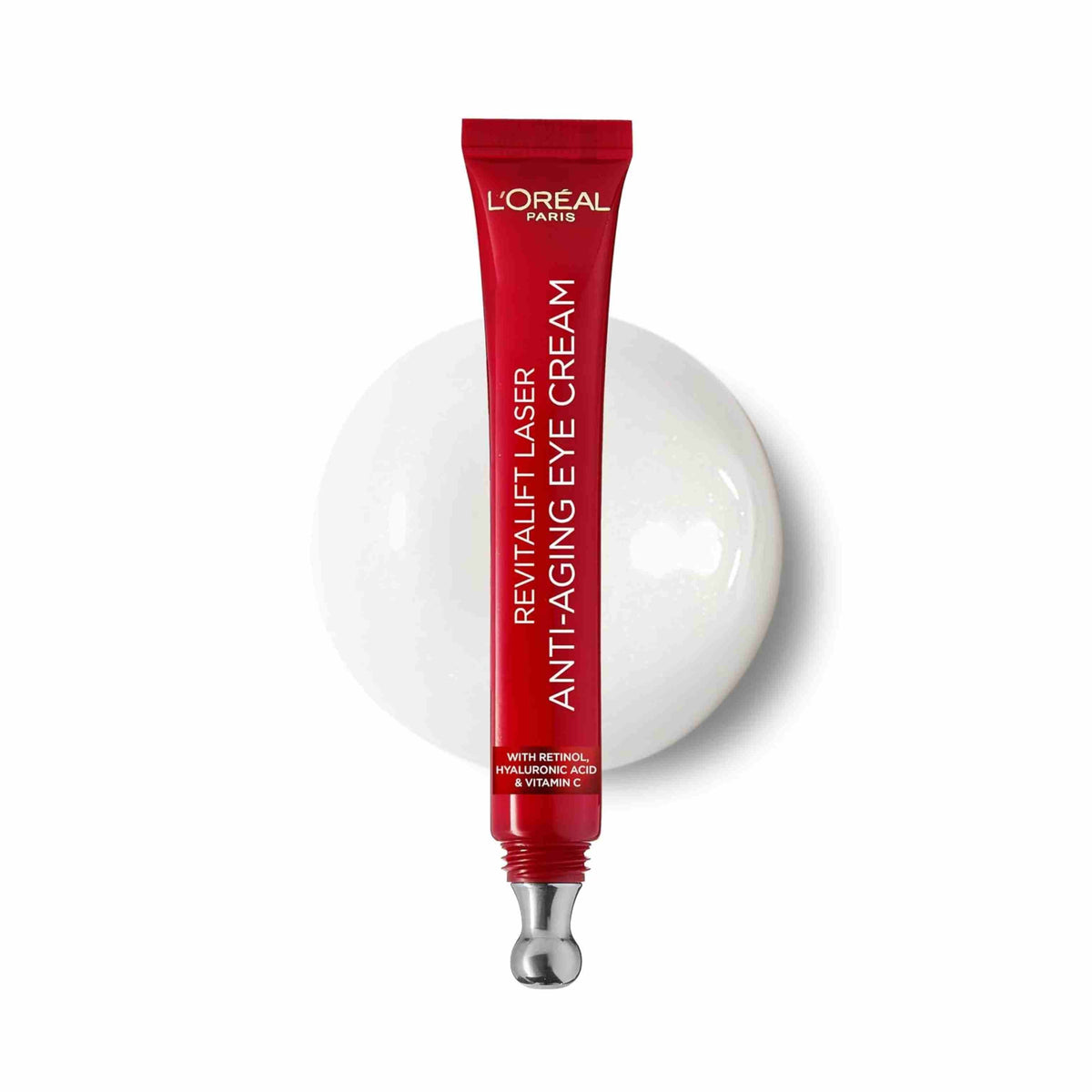 Refect Beauty L'oreal Paris Revitalift Laser X3 anti-aging eye cream in a red tube with a metal applicator tip.