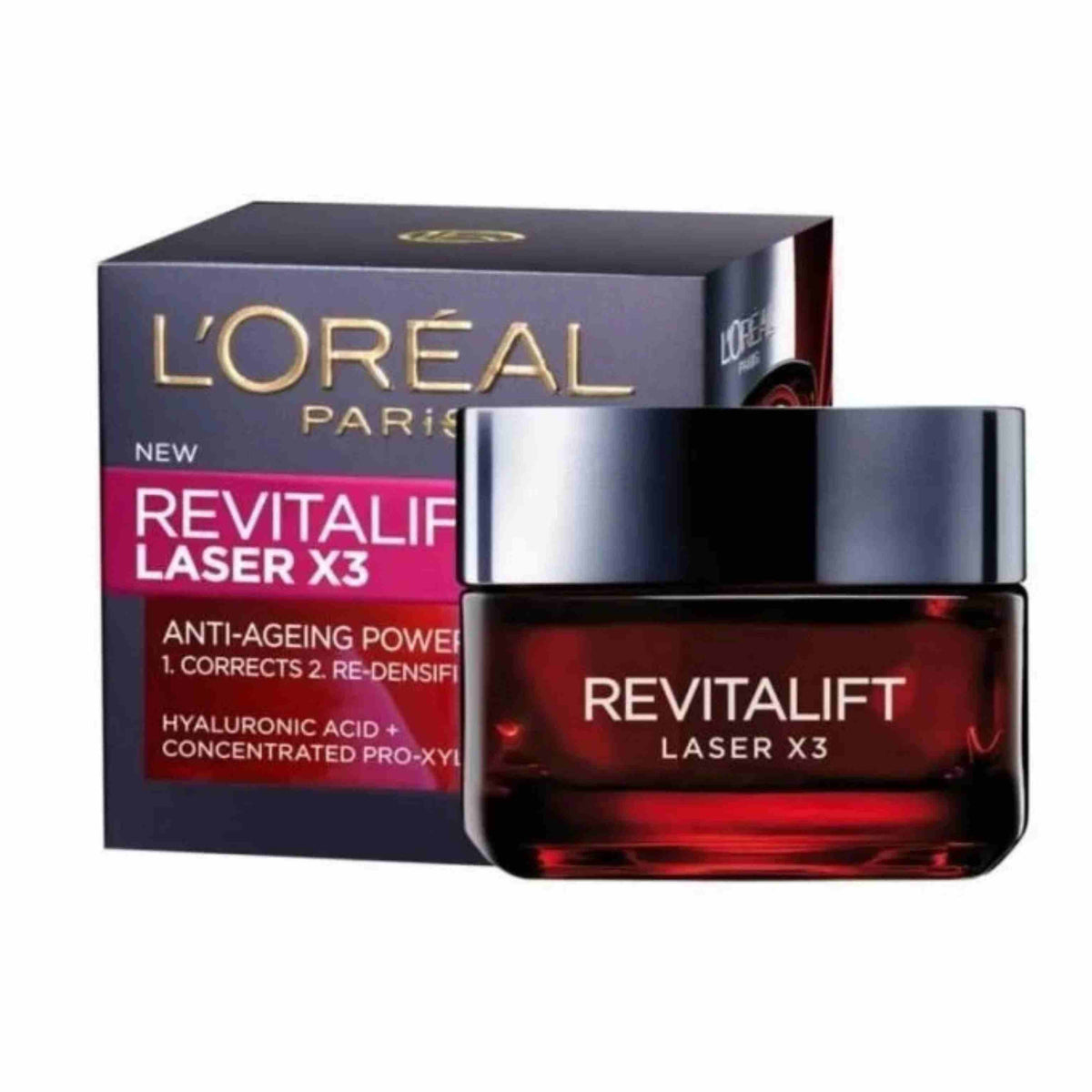 Refect Beauty L'oreal Paris Revitalift Laser X3 anti-aging day cream in a dark red glass jar with matching box.