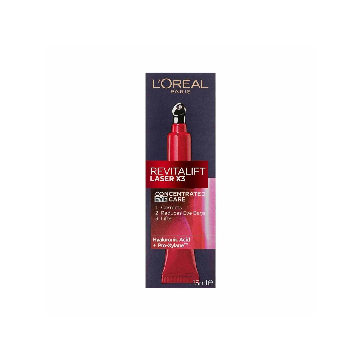Refect Beauty L'oreal Paris Revitalift Laser X3 anti-ageing eye cream in a red tube with a precision applicator.