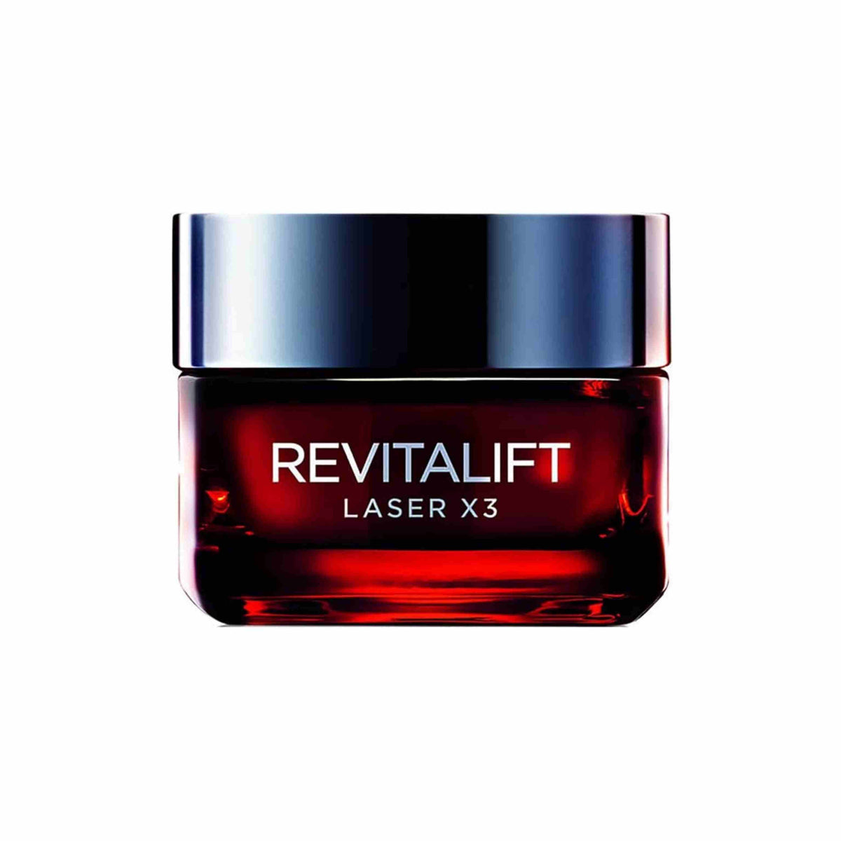 Refect Beauty L'oreal Paris Revitalift Laser X3 anti-aging day cream in a dark red glass jar with a metallic lid.