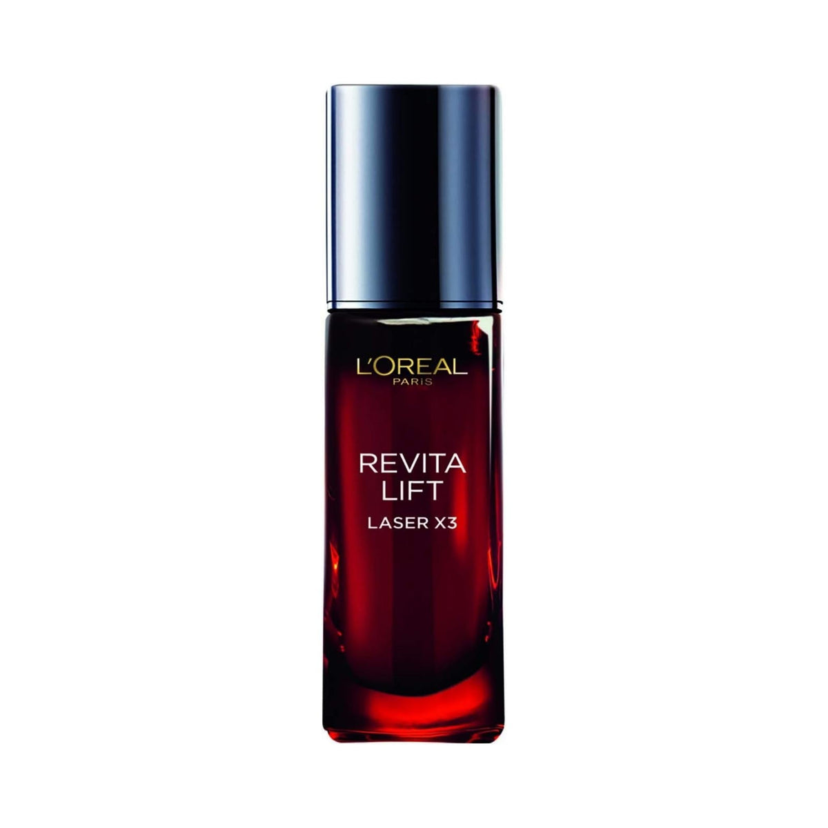 Refect Beauty L'oreal Paris Revitalift Laser X3 anti-aging serum in a deep red glass bottle with a metallic cap.