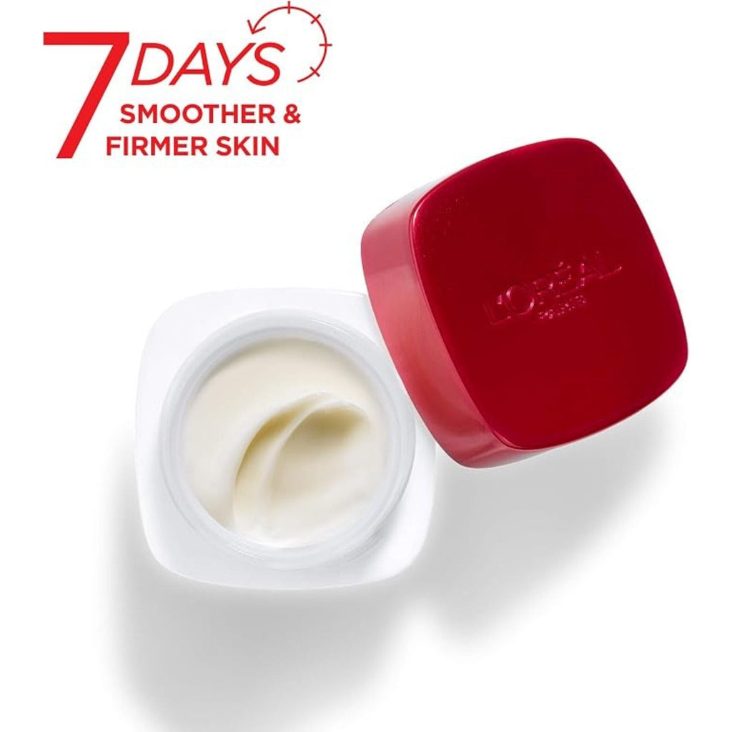 Refect Beauty L'oreal Paris Revitalift Night Cream in an open jar with white cream and a red lid, promising firmer skin.