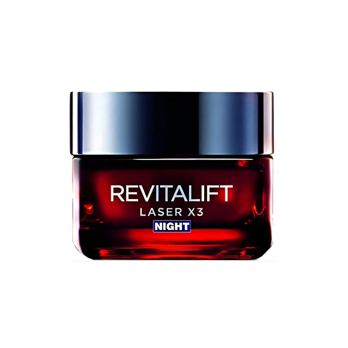 Refect Beauty L'oreal Paris Revitalift Laser X3 night cream in a dark red glass jar with a metallic lid.