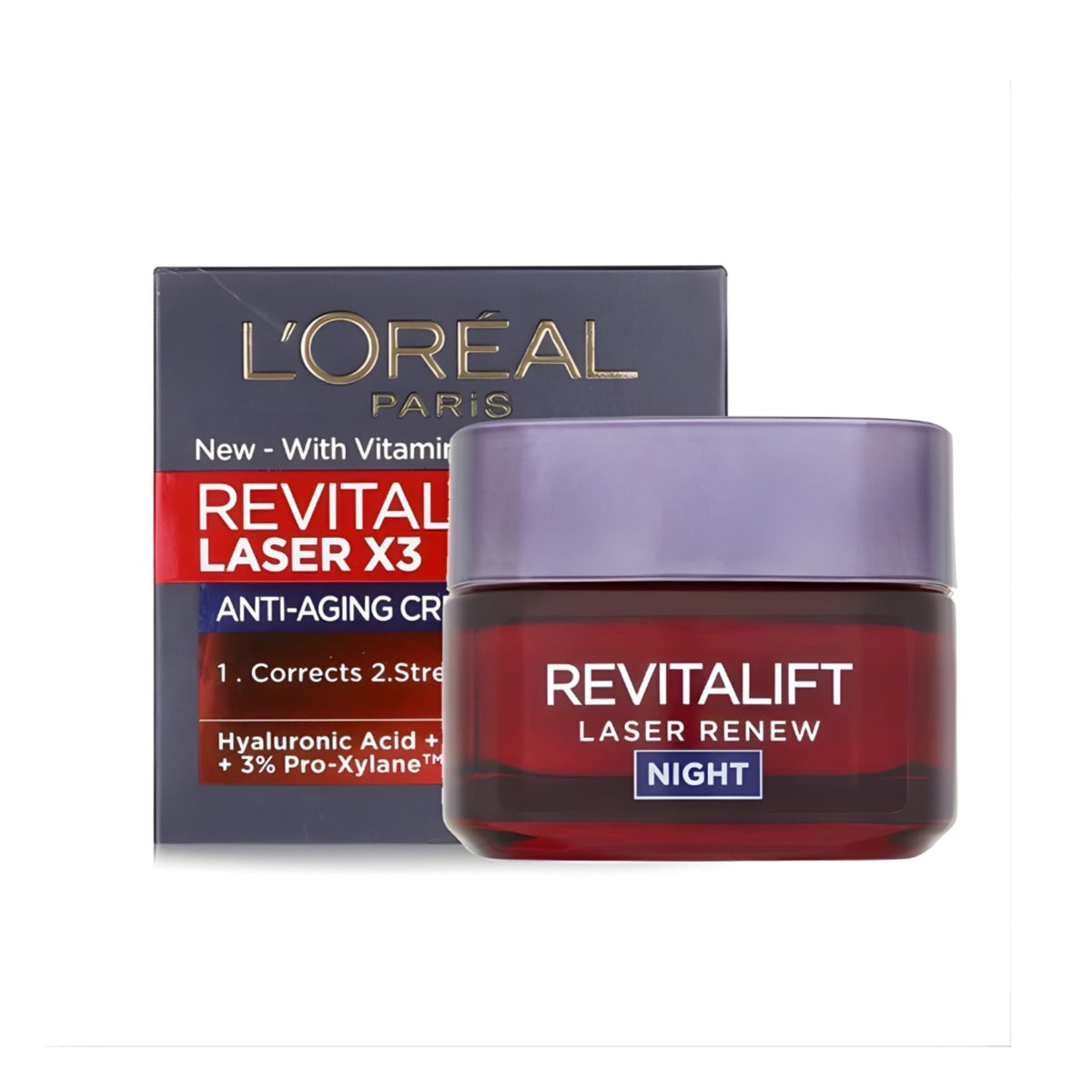 Refect Beauty L'oreal Paris Revitalift Laser X3 Night anti-aging cream jar and box for skin rejuvenation.