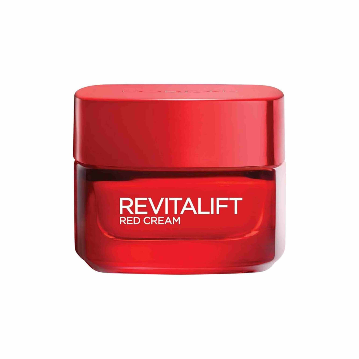 Refect Beauty L'oreal Paris Revitalift Energizing Red Day Cream in a vibrant red glass jar for radiant skin.
