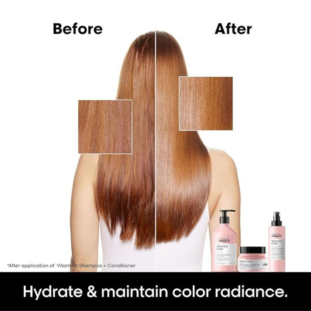 Refect Beauty L'Oréal Professionnel Vitamino Color hair mask showing before and after results on color-treated hair