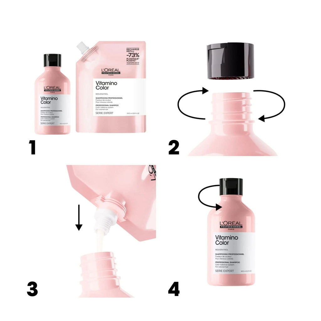 Refect Beauty L'Oreal Professionnel Vitamino Color shampoo bottle and refill pouch showing how to refill the product.