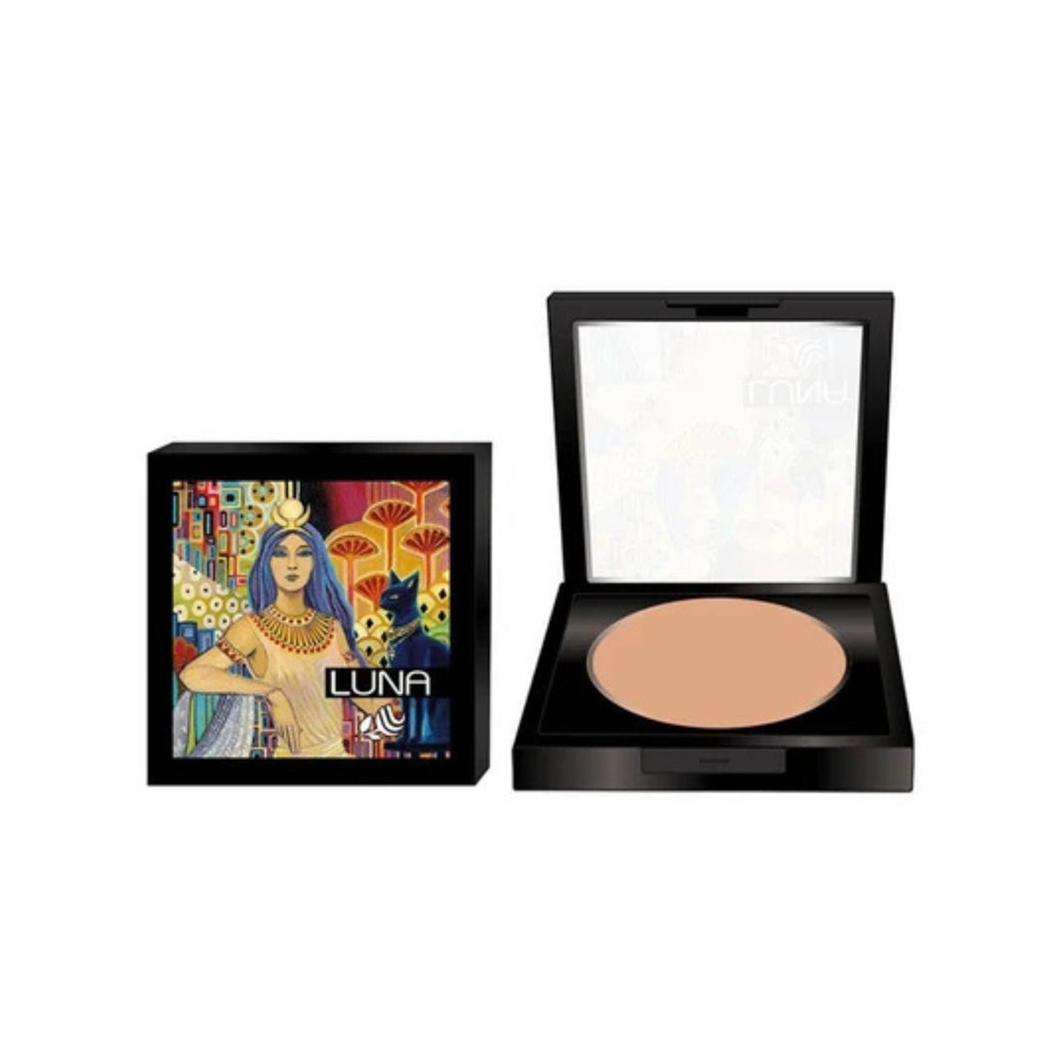Refect Beauty Luna 3D Compact Powder in a black case with an artistic Egyptian-themed lid design and mirror.