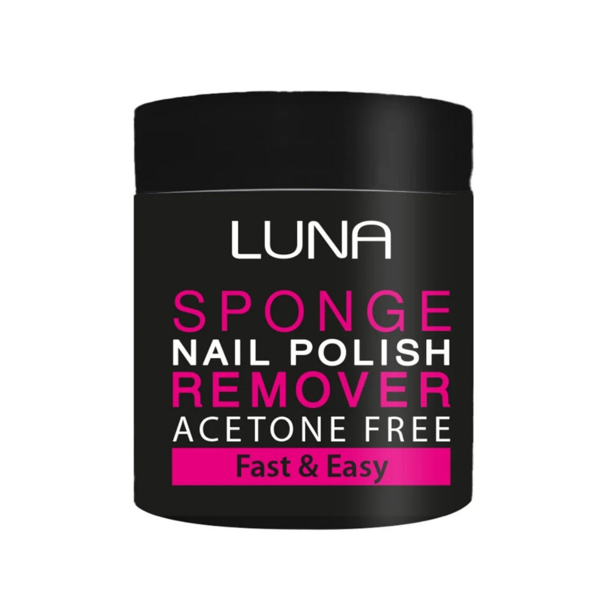 Refect Beauty Luna acetone-free sponge nail polish remover in a black jar with pink and white text