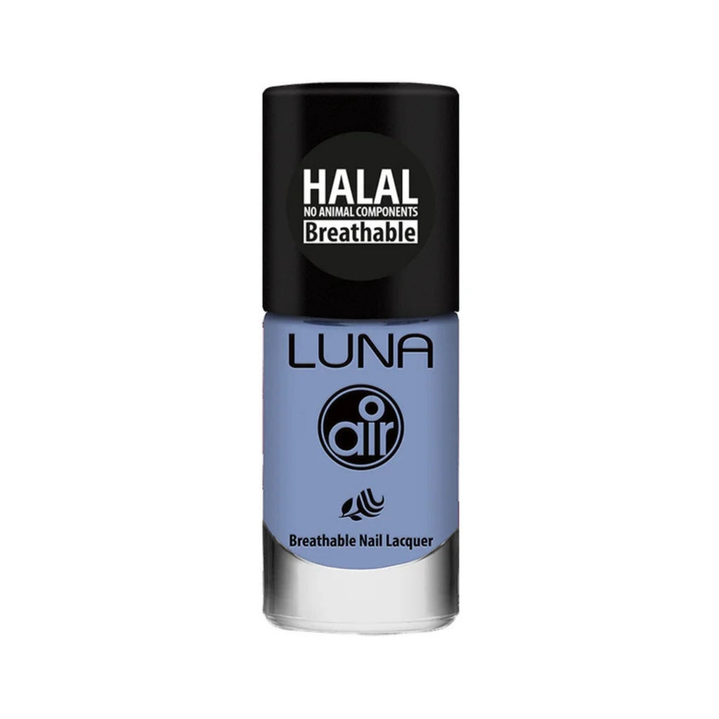 Refect Beauty Luna Air breathable halal nail polish in a soft periwinkle blue shade with a black cap.