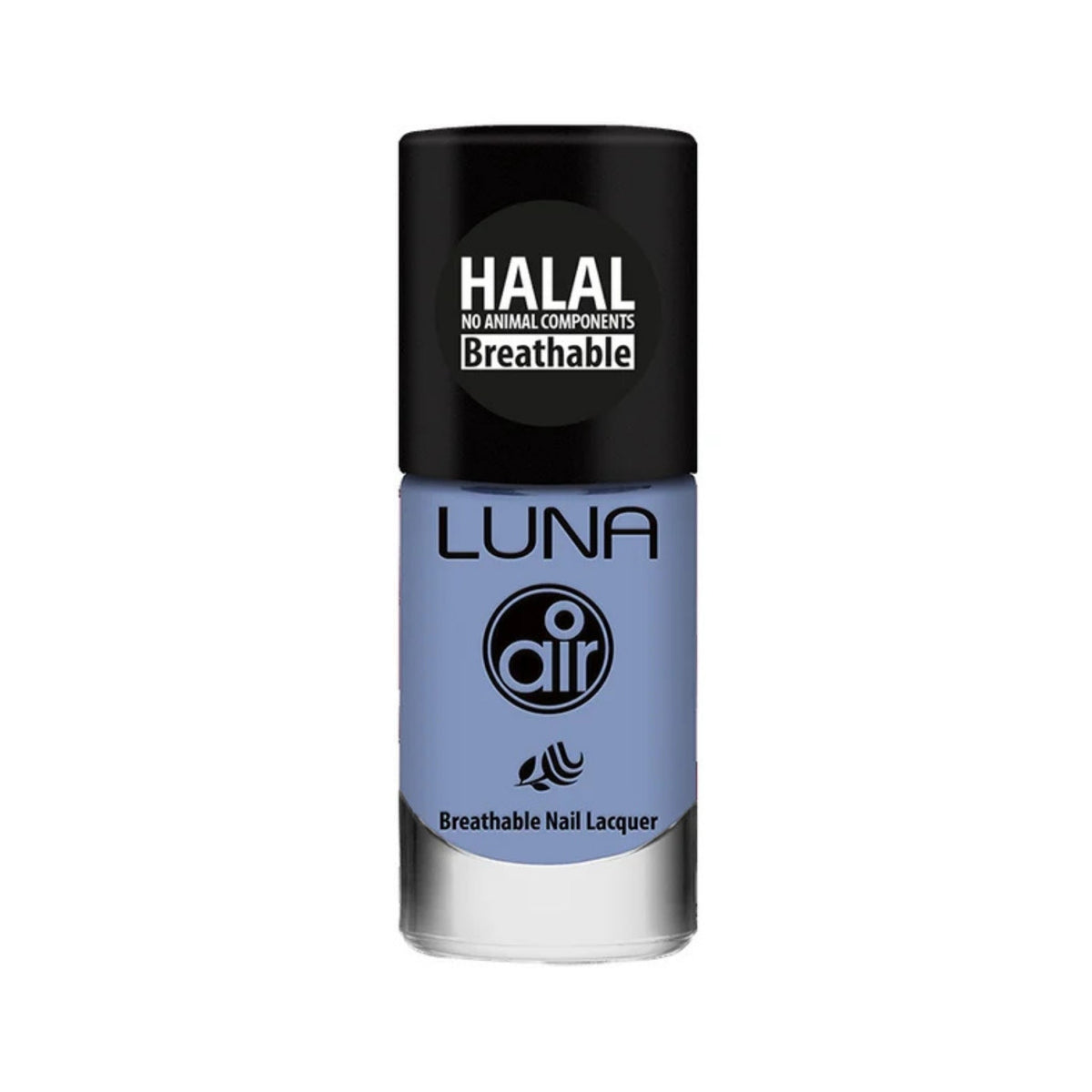 Refect Beauty Luna Air breathable halal nail polish in a soft periwinkle blue shade with a black cap.