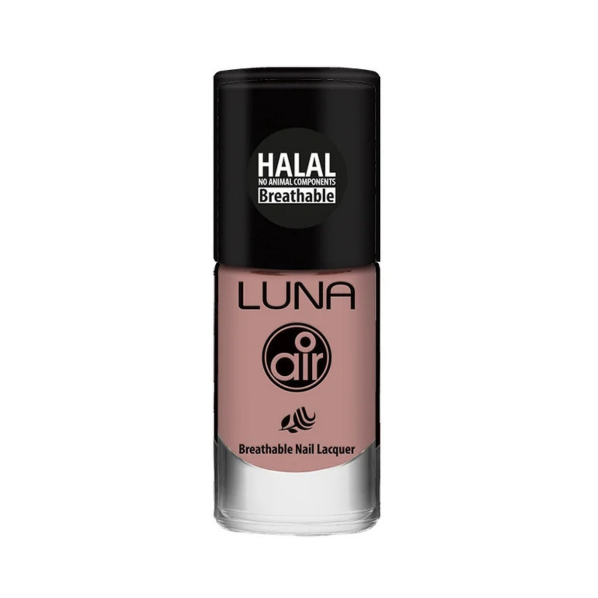 Refect Beauty Luna Air breathable halal nail polish in a dusty rose shade with a glossy finish in a glass bottle.