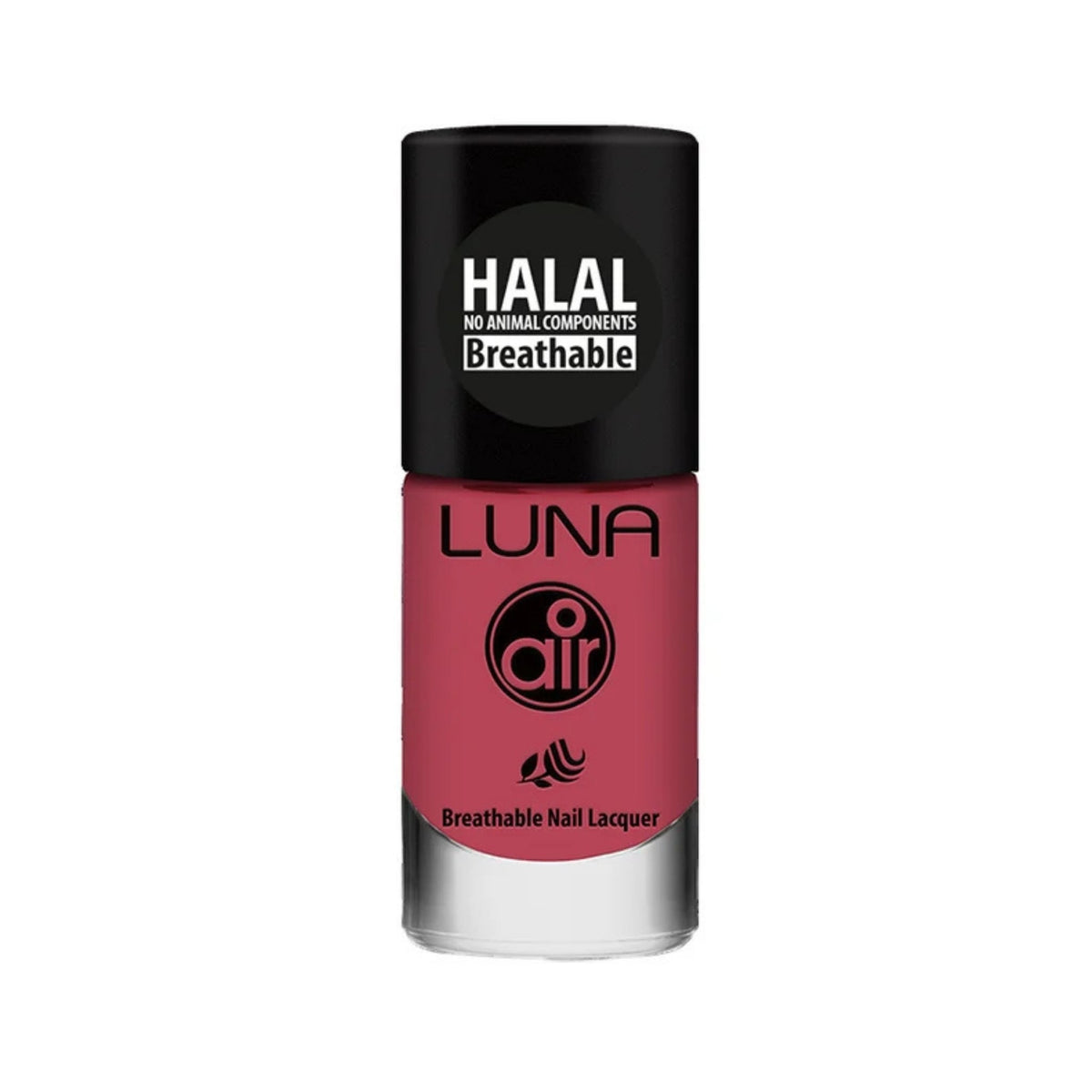 Refect Beauty Luna Air halal breathable nail polish in a dusty rose shade with a glossy finish in a glass bottle.