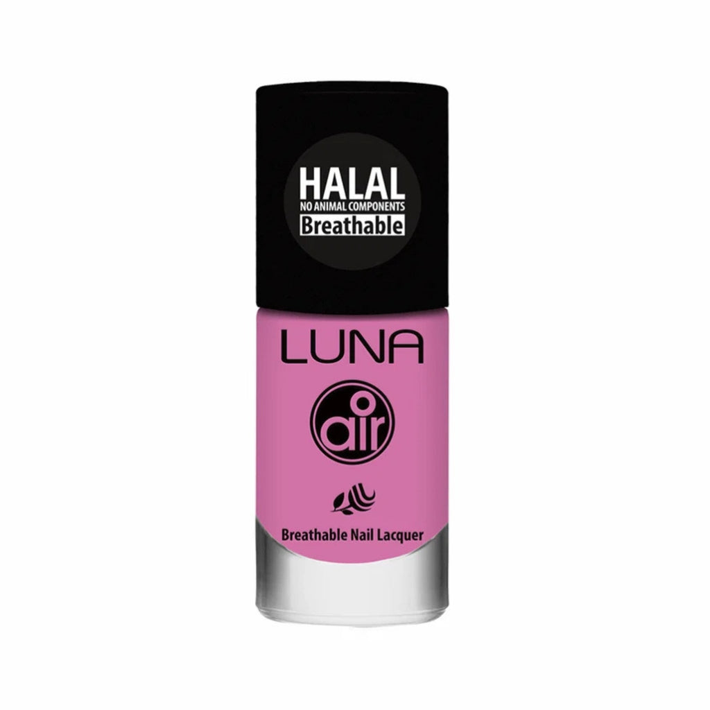 Refect Beauty Luna Air halal breathable nail polish in a vibrant pink shade with a black cap in a glass bottle