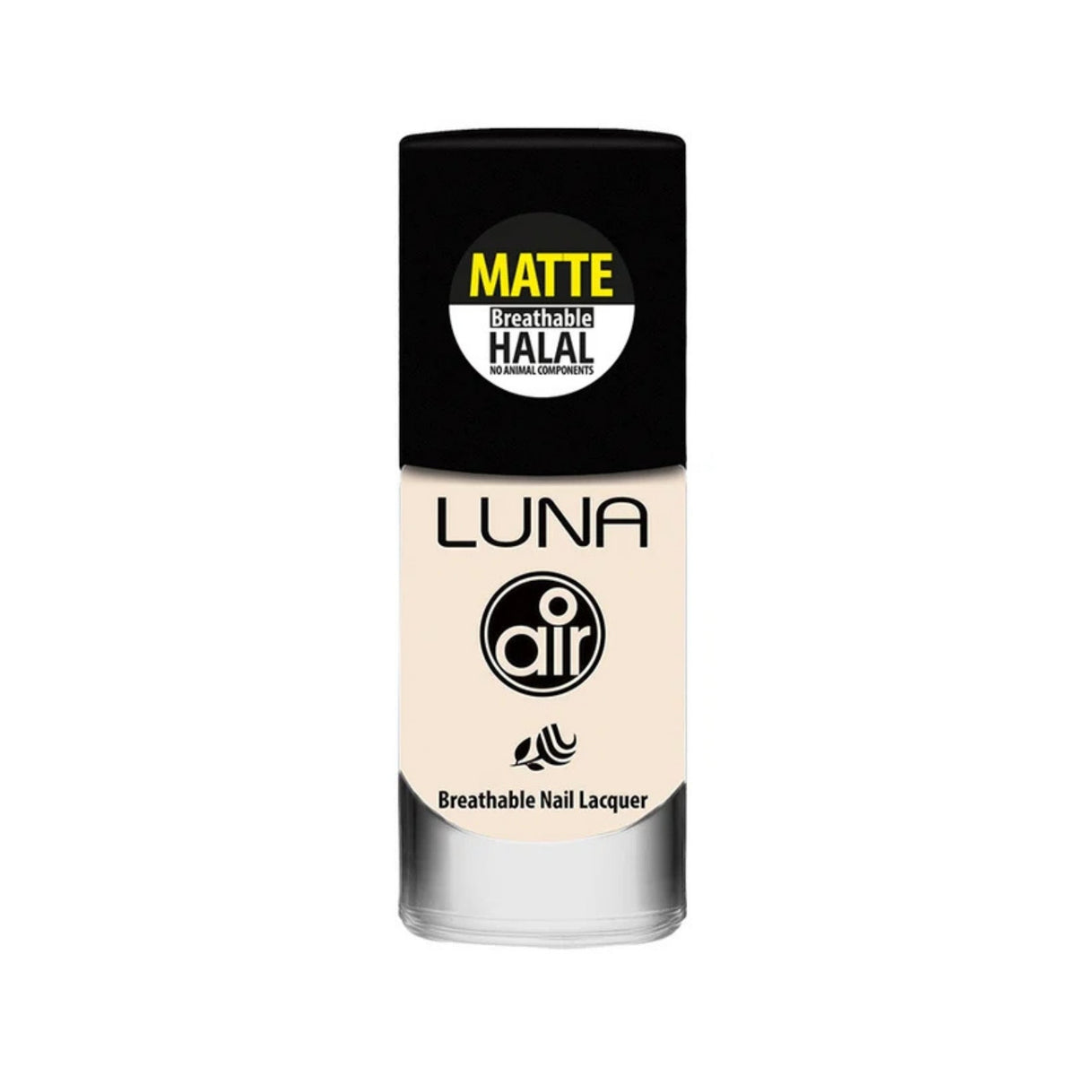 Refect Beauty Luna Air breathable transparent halal nail polish in a clear glass bottle with a black cap.