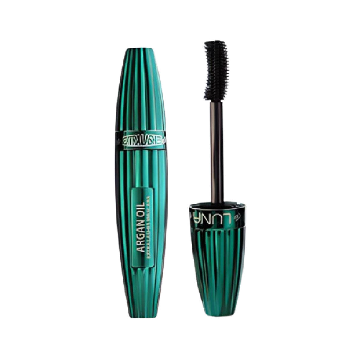 Refect Beauty LUNA mascara in a metallic green tube with an argan oil formula for voluminous and lengthened lashes.