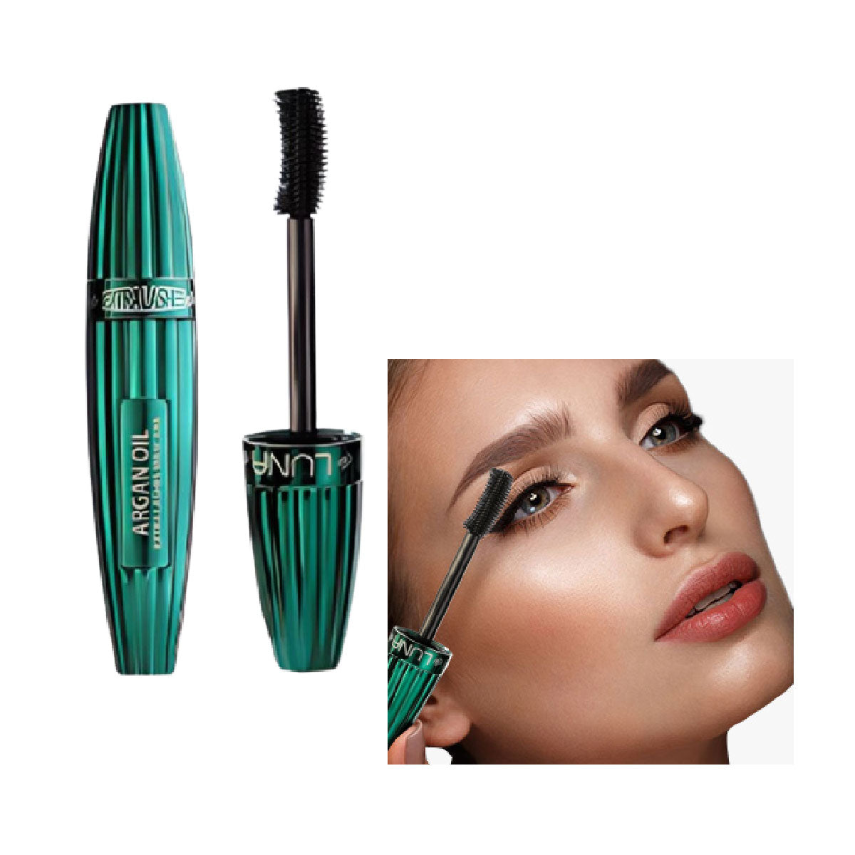Refect Beauty LUNA mascara with argan oil, showing the metallic green tube and a model applying it to her lashes.