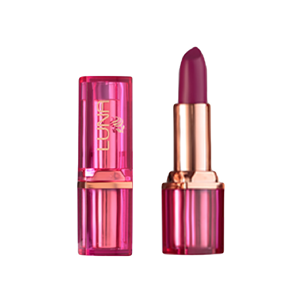Refect Beauty LUNA semi matte lipstick in a deep berry shade with a vibrant pink translucent case and gold accents.