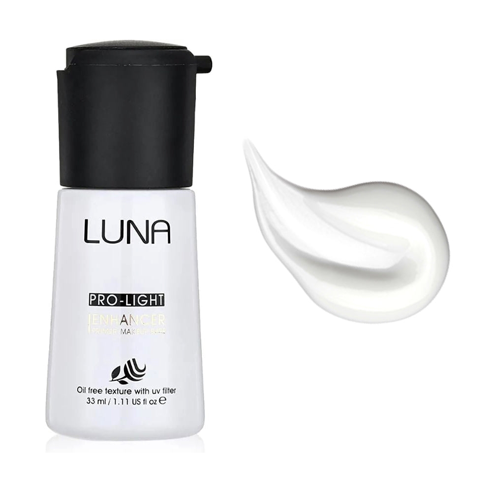 Refect Beauty LUNA Pro Light Enhancer brightening makeup primer bottle with a swatch of the lightweight formula