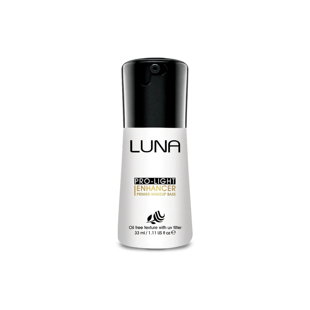Refect Beauty LUNA Pro Light Enhancer brightening makeup primer in a white bottle with a black pump cap.