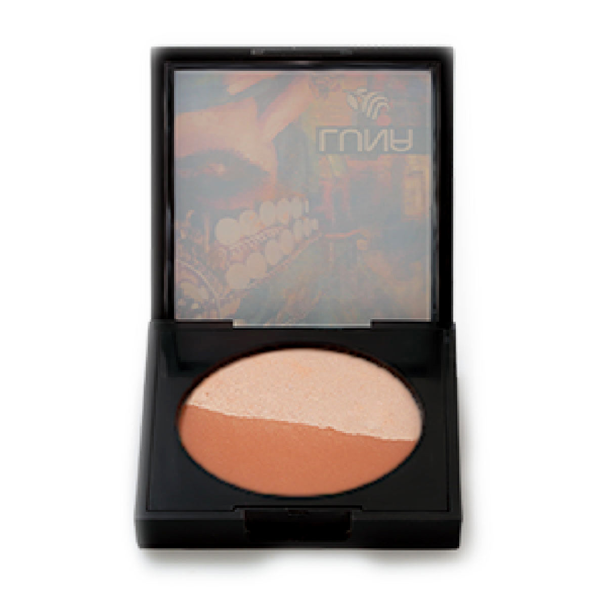 Refect Beauty LUNA Bronzing Powder in a black compact featuring a dual-toned bronzer and highlighter pan.