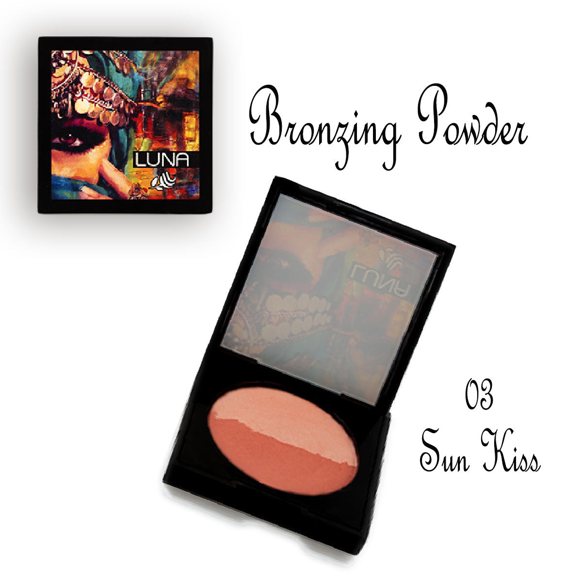 Refect Beauty LUNA Bronzing Powder in Sun Kiss shade featuring a dual-tone pressed powder in a black compact case.