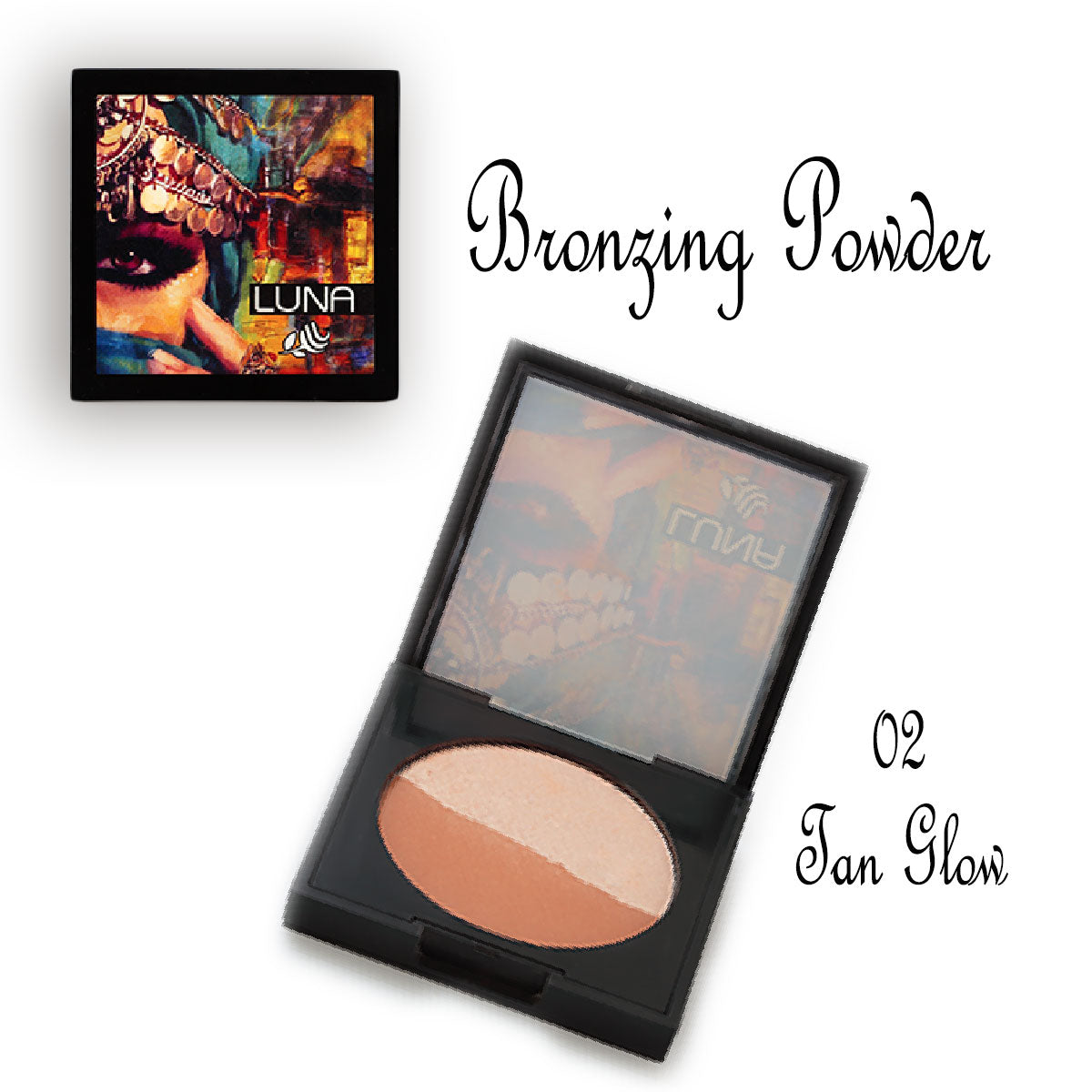 Refect Beauty LUNA Bronzing Powder in Tan Glow shade featuring a dual-tone compact for a sun-kissed sculpted look.