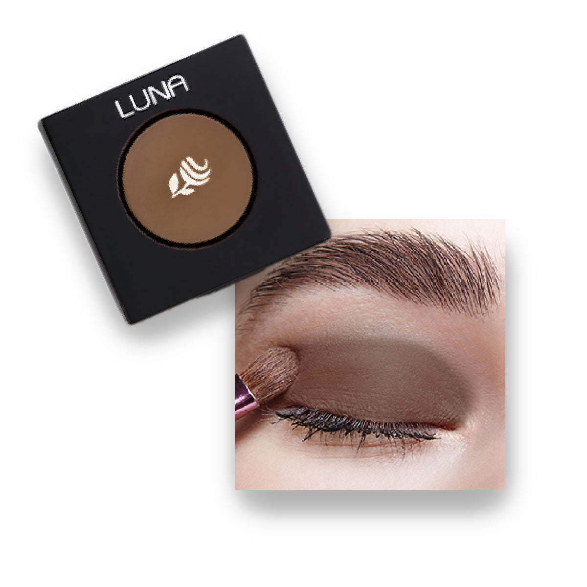 Refect Beauty LUNA matte brown eyeshadow in a square compact with a model applying the pigment to her eyelid