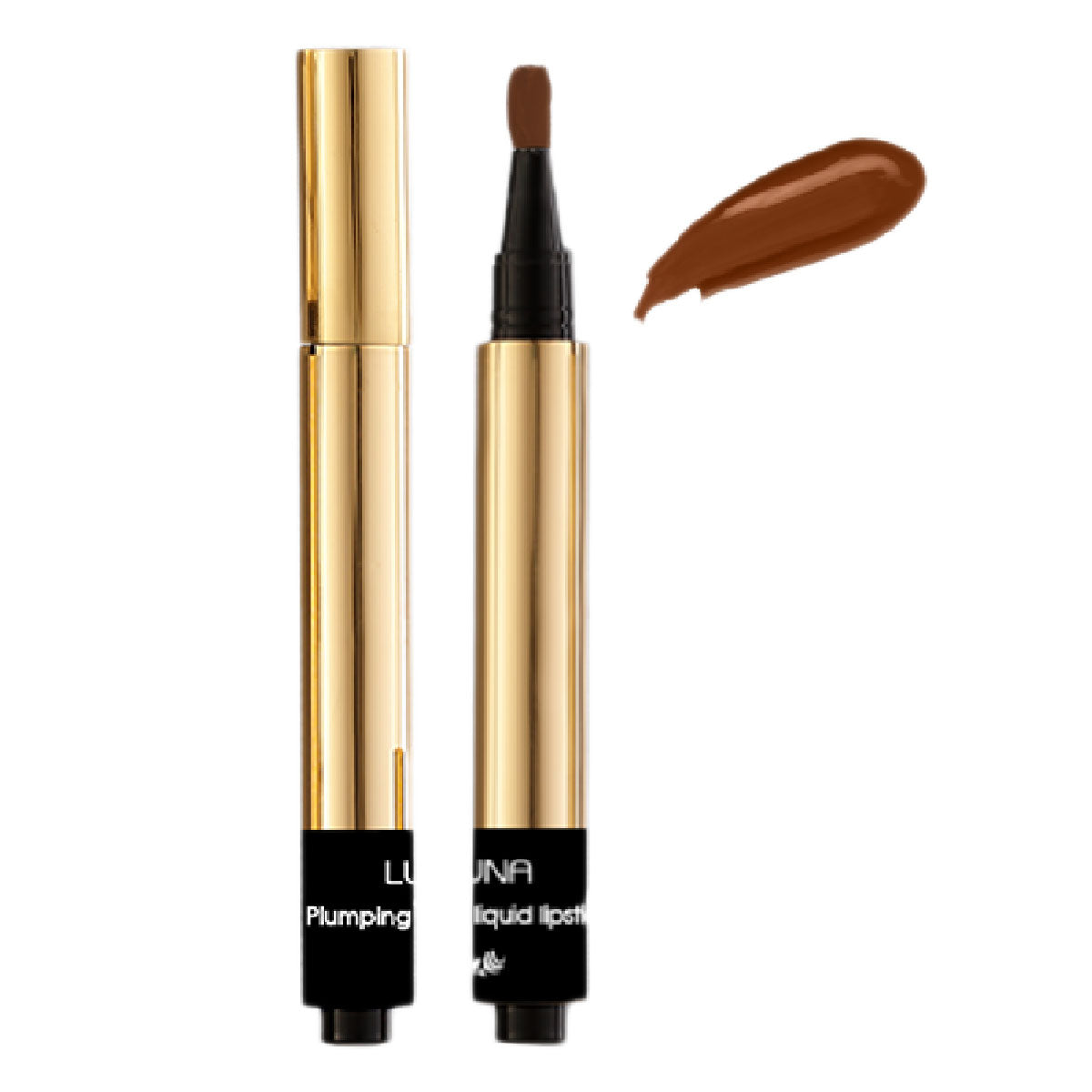 Refect Beauty LUNA plumping liquid lipstick in a rich brown shade with gold packaging and applicator brush