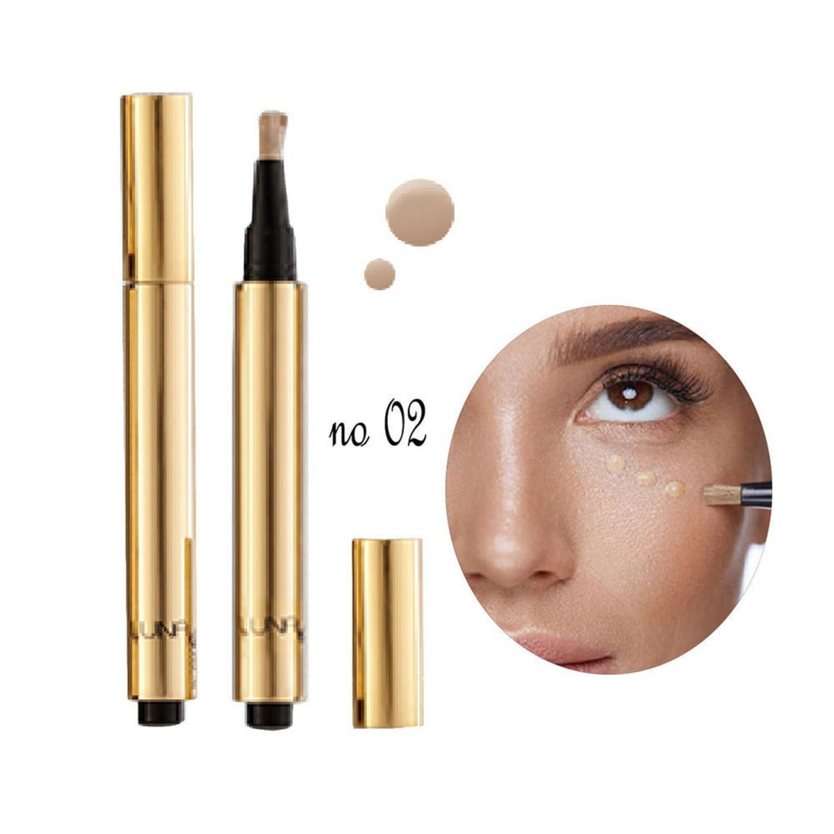 Refect Beauty Luna Camouflage Concealer Liquid in shade 02 with gold applicator and model applying to under-eye area