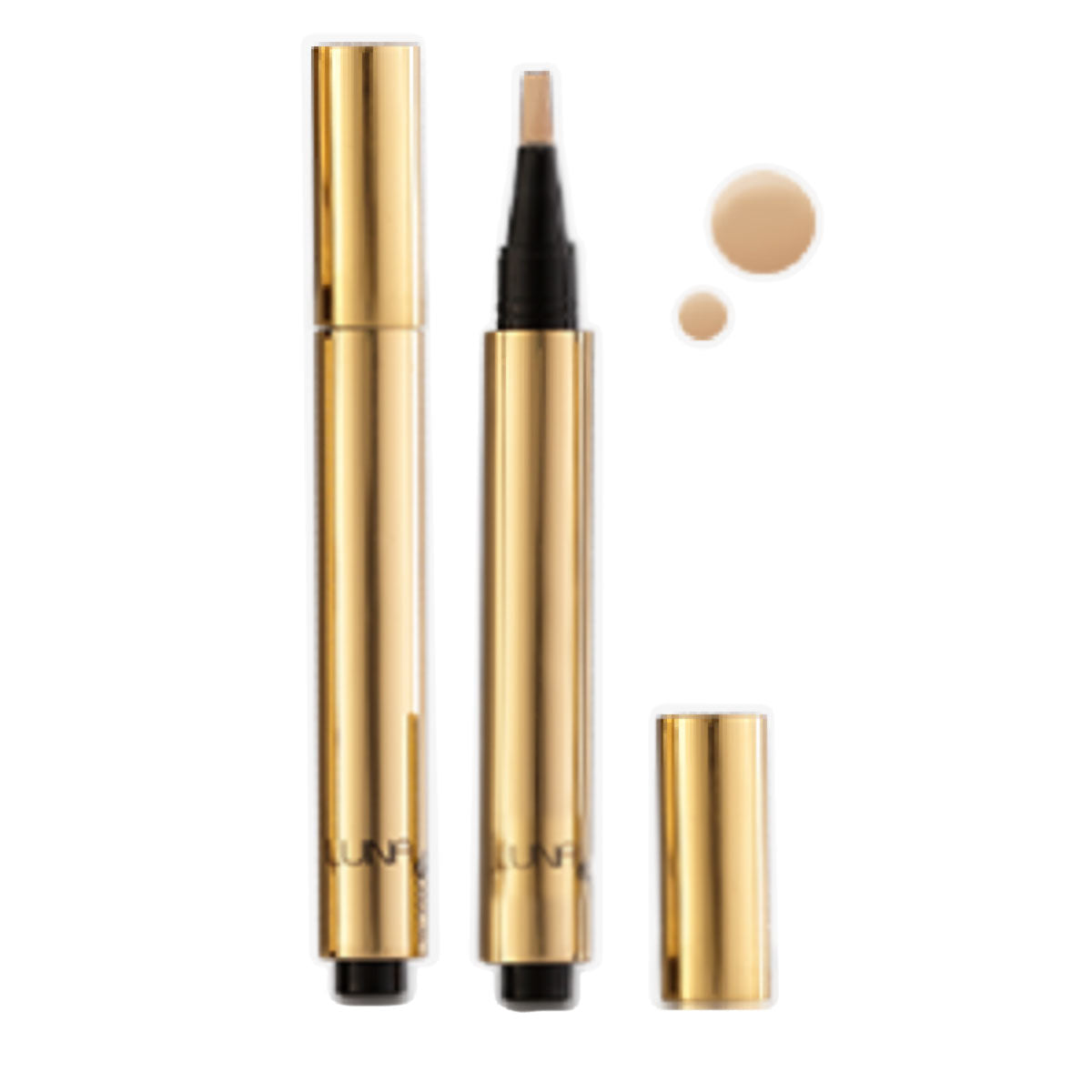 Refect Beauty Luna Camouflage liquid concealer in a gold pen applicator with a swatch of beige cream formula